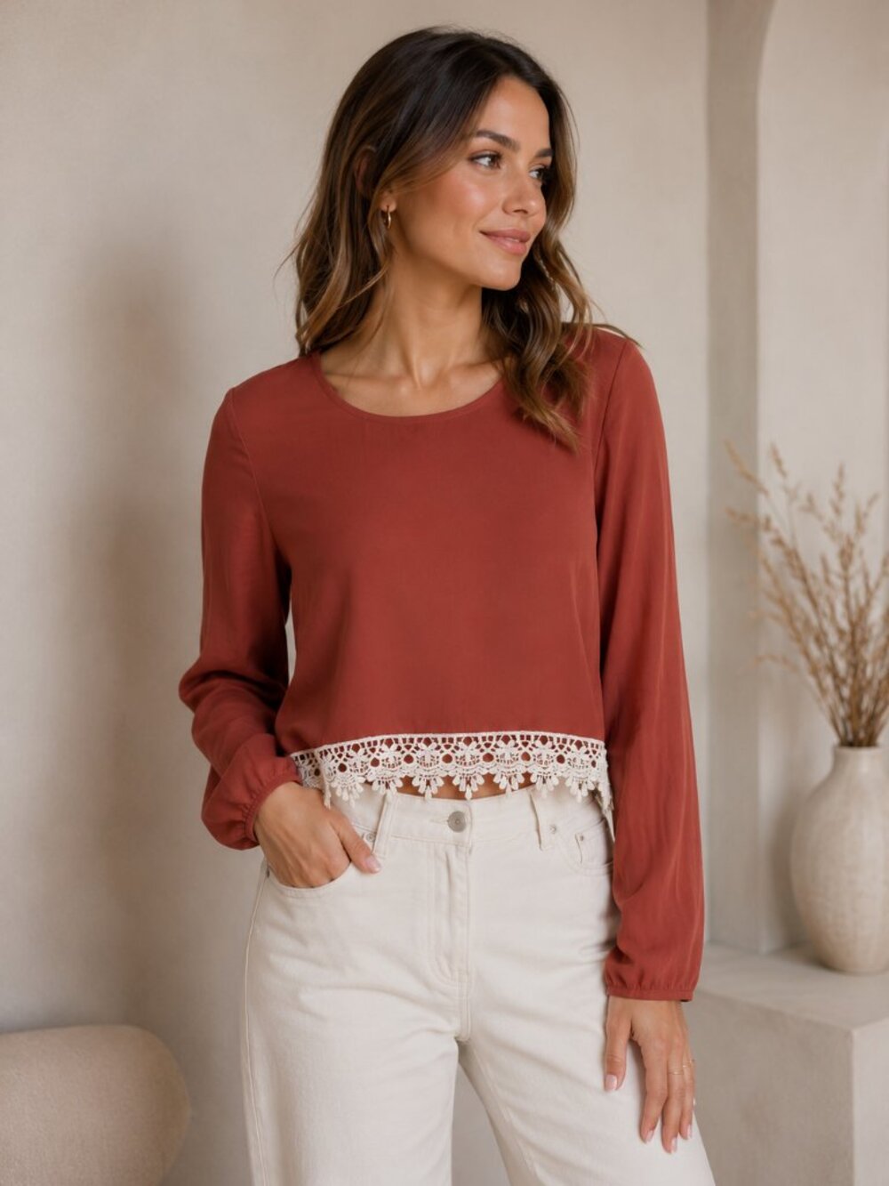 Forever 21 Rust Lace-Hem Boho Blouse | Long Sleeve | Size S - Picture 1 of 11